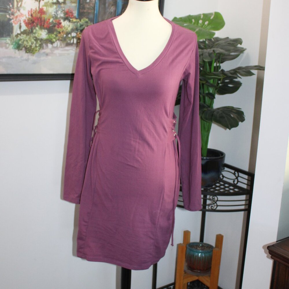 Moral Fiber Purple V-Neck Stretch Dress w/ Tie Sides - Size Large